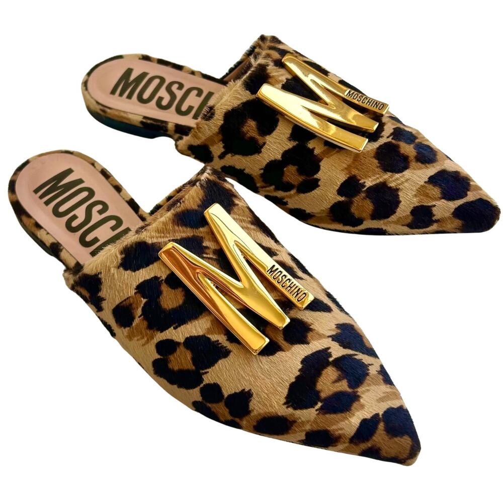 Leopard Calf Hair Pointed Mules Gold Logo Flat Slides Moschino EU 38 US 7